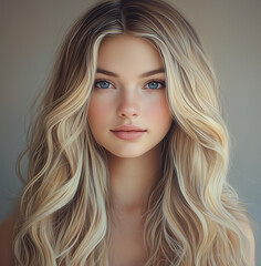 Naklejka premium A realistic portrait of a beautiful young woman with long blonde hair and blue eyes, photorealistic, hyperrealistic, and cinematic in style.