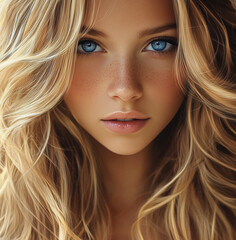 Naklejka premium A realistic portrait of a beautiful young woman with long blonde hair and blue eyes, photorealistic, hyperrealistic, and cinematic in style.
