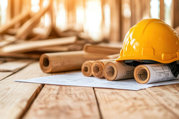 Yellow hard hat resting on rolled architectural blueprints on a wooden table, construction and planning concept