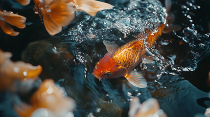 Colorful koi fish swim gracefully in a serene pond surrounded by gentle water ripples