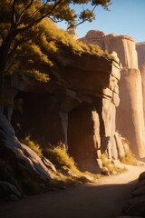 Obraz premium An arid desert landscape with various rocks and scattered trees, illustrating the harsh yet beautiful ecosystem