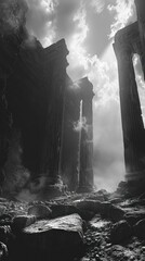 Obraz premium Dramatic and ominous dystopian cityscape featuring towering crumbling ruins set against a dark stormy sky with gloomy foreboding atmosphere Apocalyptic