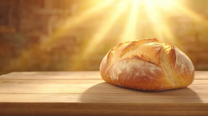 Golden Loaf of Freshly Baked Bread Bathed in Warm Sunlight on Wooden Table