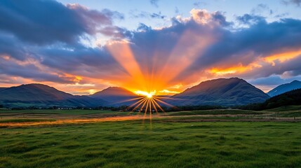 Obraz premium Breathtaking Sunset Landscape with Beams of Light Peeking Over Distant Mountains