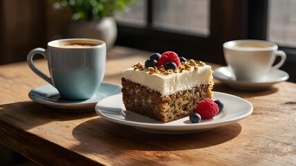 /imagine: A slice of fluffy carrot cake with cream cheese frosting and a mix of fresh berries on the side, a delicate latte art coffee cup nearby, all set on a wooden table with warm natural light --a