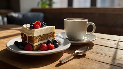 /imagine: A slice of fluffy carrot cake with cream cheese frosting and a mix of fresh berries on the side, a delicate latte art coffee cup nearby, all set on a wooden table with warm natural light --a