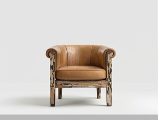 Distressed and vintage-inspired genuine leather upholstery on a reclaimed wood chair, bohemian vibe., distressed leather, vintage inspired, reclaimed wood, old leather