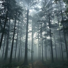 Obraz premium Dense forest with foggy atmosphere and tall trees blending into the distance, dense vegetation, atmospheric perspective, natural background, greenery.