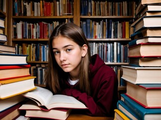 student surrounded by stacks of books, studying diligently in a library setting