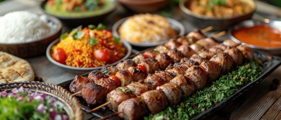 Fototapeta premium Delicious Bahraini Cuisine Grilled Meat Skewers Rice and Spices
