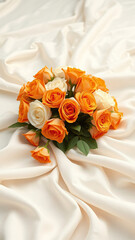 Elegant arrangement of orange and white roses on soft draped ivory fabric with subtle texture and gentle folds,  classical style,  interior design,  floral arrangement