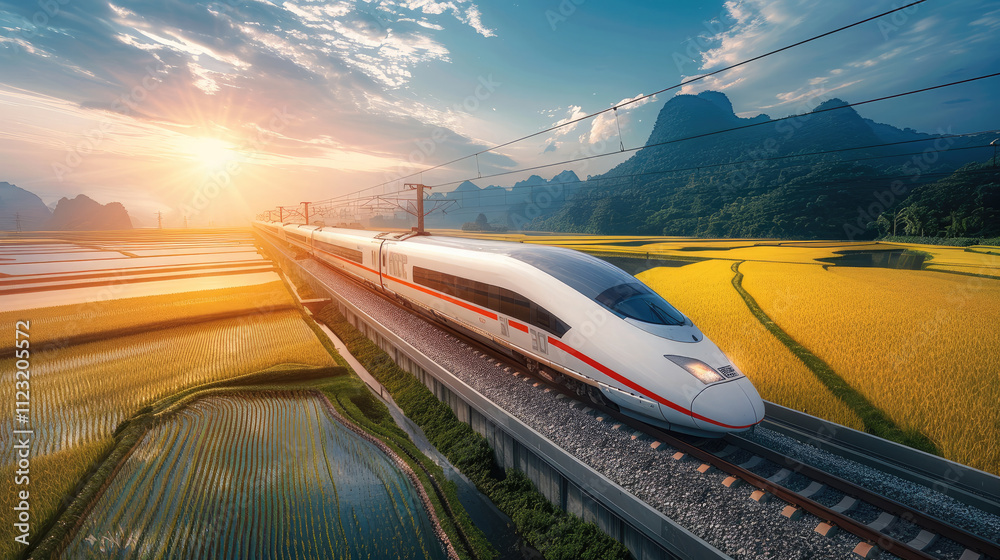 Aufkleber A high-speed train passing through rice fields symbolizes the efficiency and speed of public transportation.