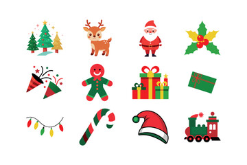 Festive Merry Christmas Icon Set – Tree, Elf, Light, Santa, hat, Reindeer, Gifts, and Holiday Decorations