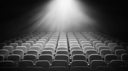 Fototapeta premium Empty movie theater with spotlight casting a solitary beam on the stage, symbolizing the power of imagination and the potential for new beginnings in a quiet, reflective space.