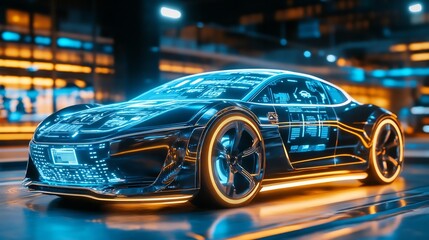 Obraz premium Futuristic AI-Powered Car Insurance System with Sleek Holographic Interfaces