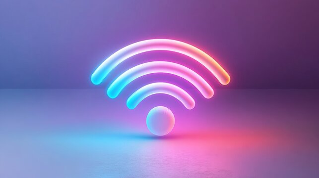 A futuristic neon wifi symbol brilliantly glows against a dark background, embodying modern technology and the spirit of digital communication in vibrant color.