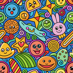 Naklejka premium Colorful seamless pattern with cute cartoon characters and shapes.