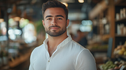 Fototapeta premium A confident and approachable business owner standing in a well-organized modern store, surrounded by stylish product displays and warm lighting. Perfect for themes of entrepreneurship, professionalis