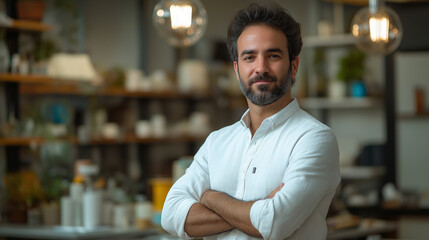 Fototapeta premium A confident and approachable business owner standing in a well-organized modern store, surrounded by stylish product displays and warm lighting. Perfect for themes of entrepreneurship, professionalis