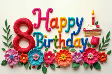 8th birthday card. Colorful birthday greeting with the words Happy 8th Birthday written on it, surrounded by various flowers and candles.