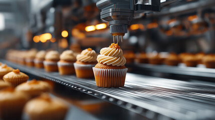 detailed view of bakery production line featuring automated cupcake frosting. scene captures precision of machinery as it decorates cupcakes with creamy frosting, showcasing modern baking process