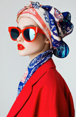 Obraz premium Model in stylish fashion sunglasses and scarf.