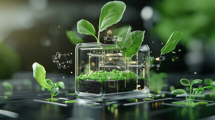 high definition visualization of futuristic plant growth concept featuring glass container with vibrant green leaves and digital elements. This represents innovation agriculture and sustainability
