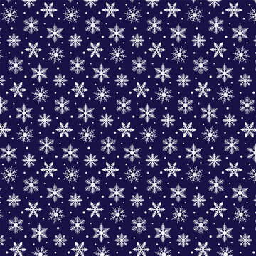 background pattern with various shapes of snowflakes, dark blue background