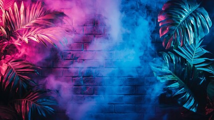 Fototapeta premium Tropical leaves, neon lights, smoke, brick wall background.