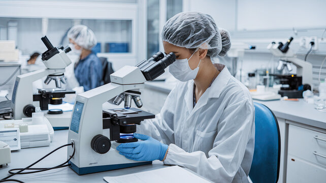 Biologist working meticulously in a professional IVF laboratory surrounded by advanced medical equipment microscopes and sterile tools focused on fertilization procedures and research experiments