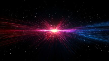The image showcases a vivid burst of colored light radiating from the center, set against a dark, starry backdrop, representing energy and infinite exploration.
