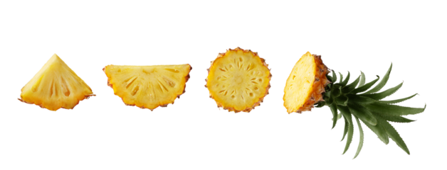 Set of Mini Chiangrai Phulae pineapple fruit slices isolated on transparent background. Mini Thai topical pineapple fruit pieces. Organic exotic pineapple fruit for healthy eating.