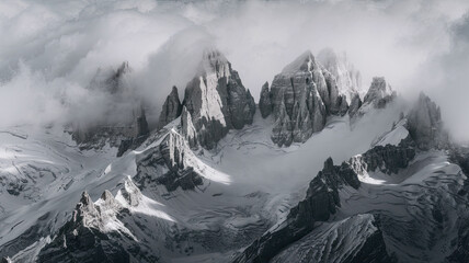 A breathtaking mountainous landscape with jagged snow-covered peaks shrouded in mist and clouds creating a serene ethereal atmosphere dominated by shades of white and gray with peaks 