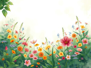 Fototapeta premium watercolor stained background with lush green plants and colorful flowers, outdoor, greenery, floral patterns