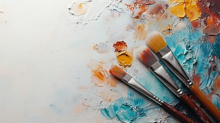 Fototapeta premium Three paint brushes with varying colors rest on a thickly textured palette of paint. Vivid oranges, blues, and reds blend in a creative artistic display.