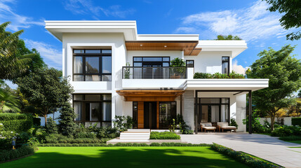 Stylish Two-Story Home Featuring Large Windows and Wooden Details
