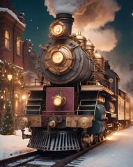 Obraz premium Victorian steam locomotive train going through a town decorated in Christmas decorations