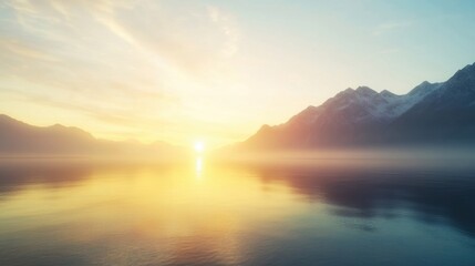 A stunning sunrise casting golden light over a calm mountain lake, surrounded by majestic peaks and soft clouds.