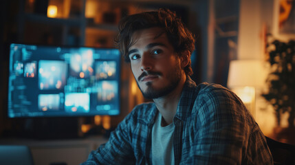 Fototapeta premium A thoughtful programmer working late in a warm, ambient-lit room with multiple screens displaying vibrant digital content. The reflection of data on the glasses adds a futuristic and tech-driven vibe.