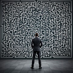 Businessman Facing Complex Maze – Symbolizing Challenges and Decision-Making in Professional Life