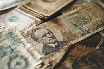 Close-up of aged, worn paper money from various countries, showing details of currency designs and textures.