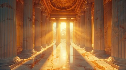 Obraz premium Breathtaking interior view of a grand historic temple with an ornate marble hallway illuminated by dramatic ethereal light streaming through the columns The magnificent