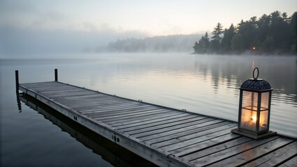 Obraz premium Foggy lake with wooden pier and glowing lantern at dawn