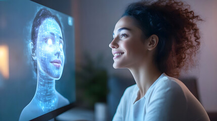 Smiling woman interacting with a digital AI face on a screen, symbolizing human-AI collaboration and futuristic technology