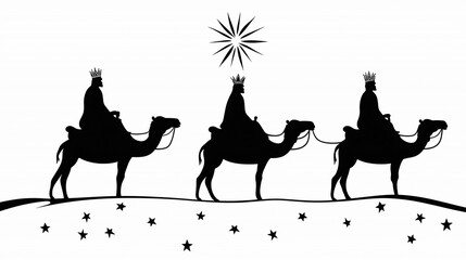 Silhouettes of Three Kings Riding Camels in Black and White
