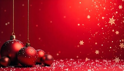 Christmas greeting with red background, festive ornaments, and snowflake decorations for celebrations.