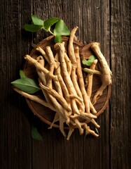 Fresh ashwagandha roots on a rustic wooden table