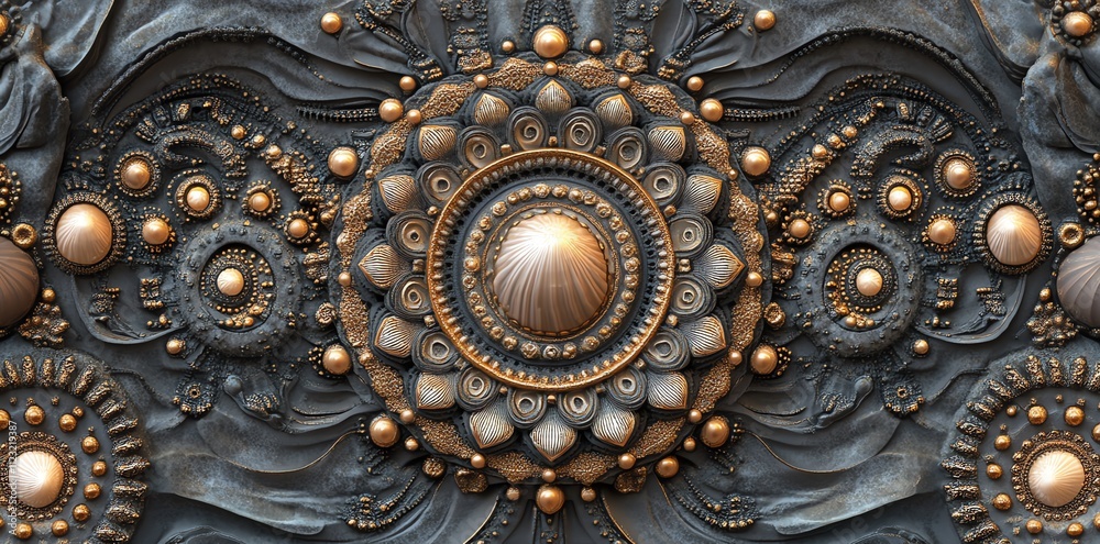 Poster Intricate metallic design featuring circular patterns and textures.
