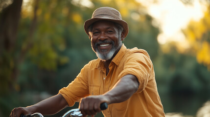 A cheerful, dark-skinned elderly man wearing a straw hat and plaid shirt smiles as he enjoys a relaxing moment outdoors on a quiet riverside as the sun sets.