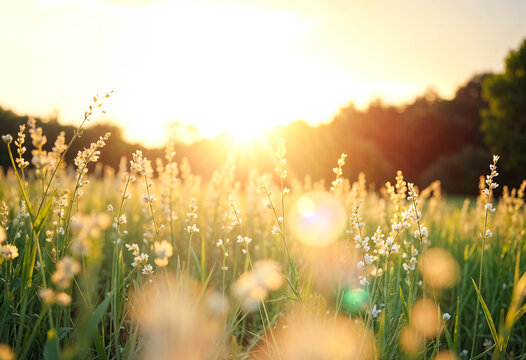 Abstract soft focus sunset field landscape of yellow flowers and grass meadow warm golden hour sunset sunrise time. Tranquil spring summer nature closeup and blurred forest background. Idyllic nature